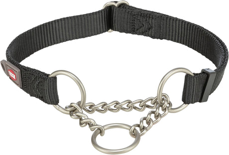 Schwarzes Hundehalsband mit Kette, bestehend aus Nylon und silbernen Metallringen, einfaches Design.