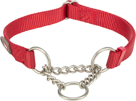 Rotes Hundehalsband mit Kettenzug und Metallringen, aus Nylon gefertigt und verstellbar.