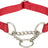 Rotes Hundehalsband mit Kettenzug und Metallringen, aus Nylon gefertigt und verstellbar.