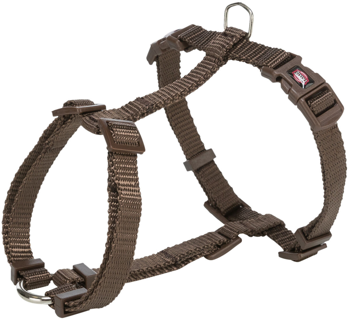 Braunes Hundegeschirr mit verstellbaren Riemen und Befestigungsring aus robustem Material.