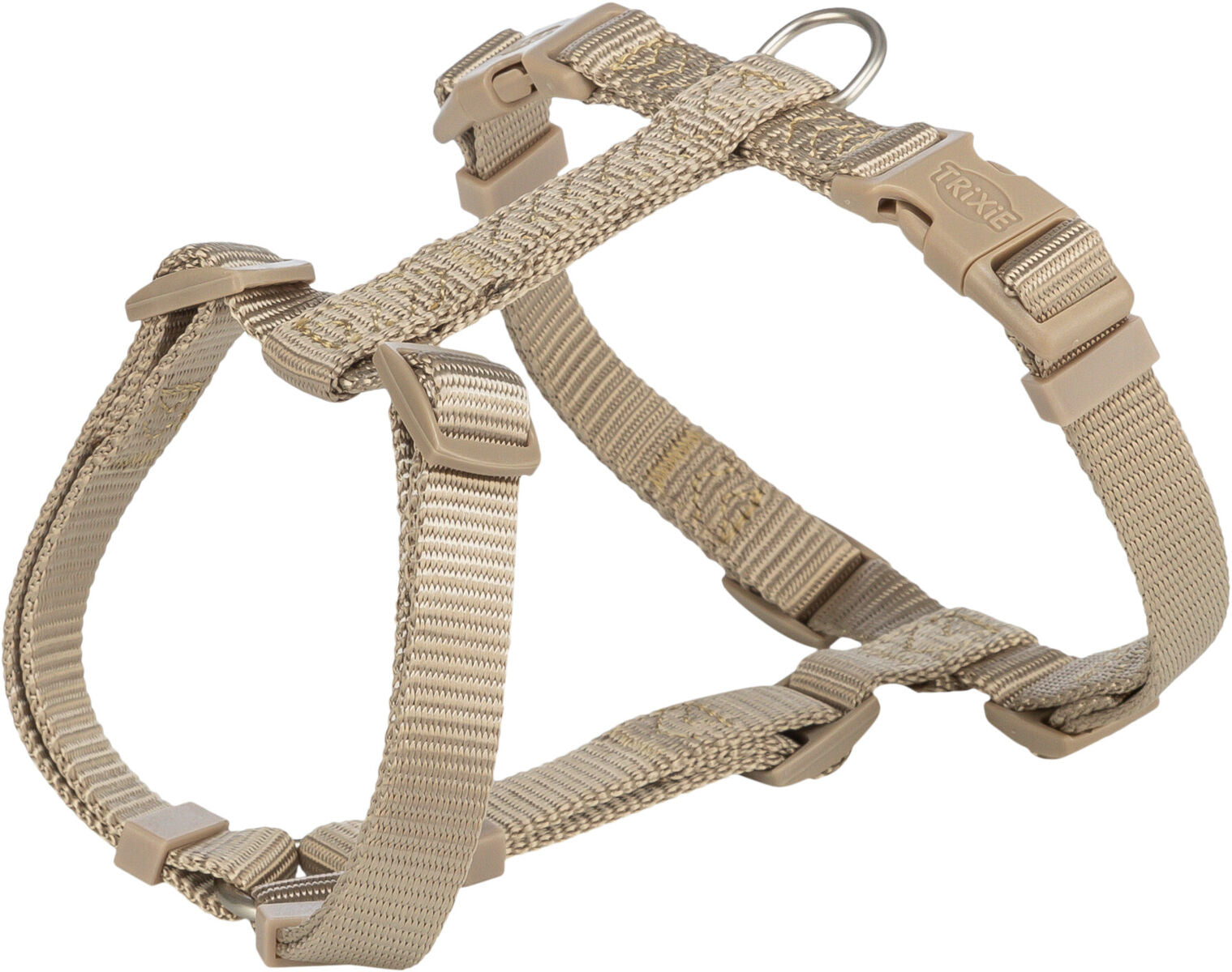 Einstellbares Hundegeschirr beige mit Klickverschluss und Metallring, robustes Nylonmaterial.