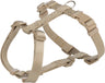 Einstellbares Hundegeschirr beige mit Klickverschluss und Metallring, robustes Nylonmaterial.
