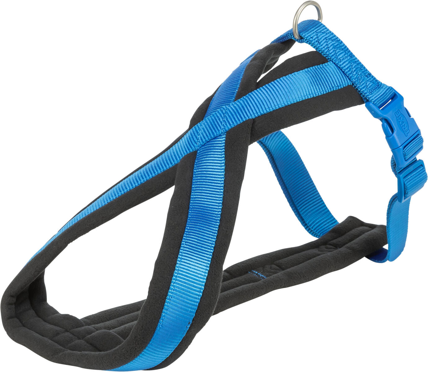 Hundegeschirr mit gepolsterter Struktur in Schwarz und Blau mit verstellbarem Riemen und Schnalle.