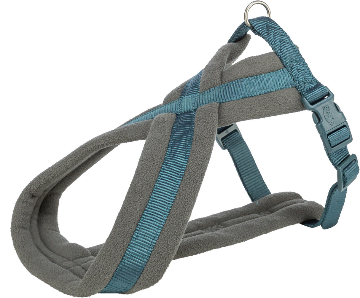 Graues und blaues Hunde-Geschirr mit gepolsterten Gurten und Metallschlaufe zur Befestigung einer Leine.