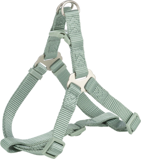 Grün-graues Hundegeschirr aus Nylon mit verstellbaren Riemen und Metallbeschlägen.