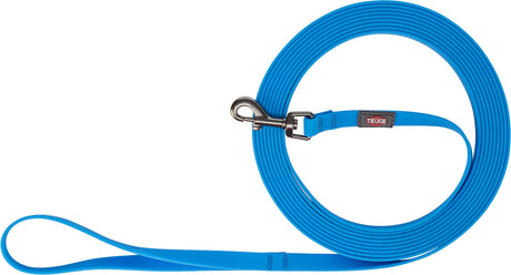 Blaue Hundeleine mit silbernem Karabinerhaken und Label mit der Aufschrift "Trixie".
