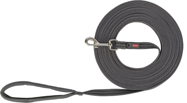 Graue Hundeleine aus geflochtenem Material mit Metallkarabiner und Handschlaufe, Markenname "TRIXIE".