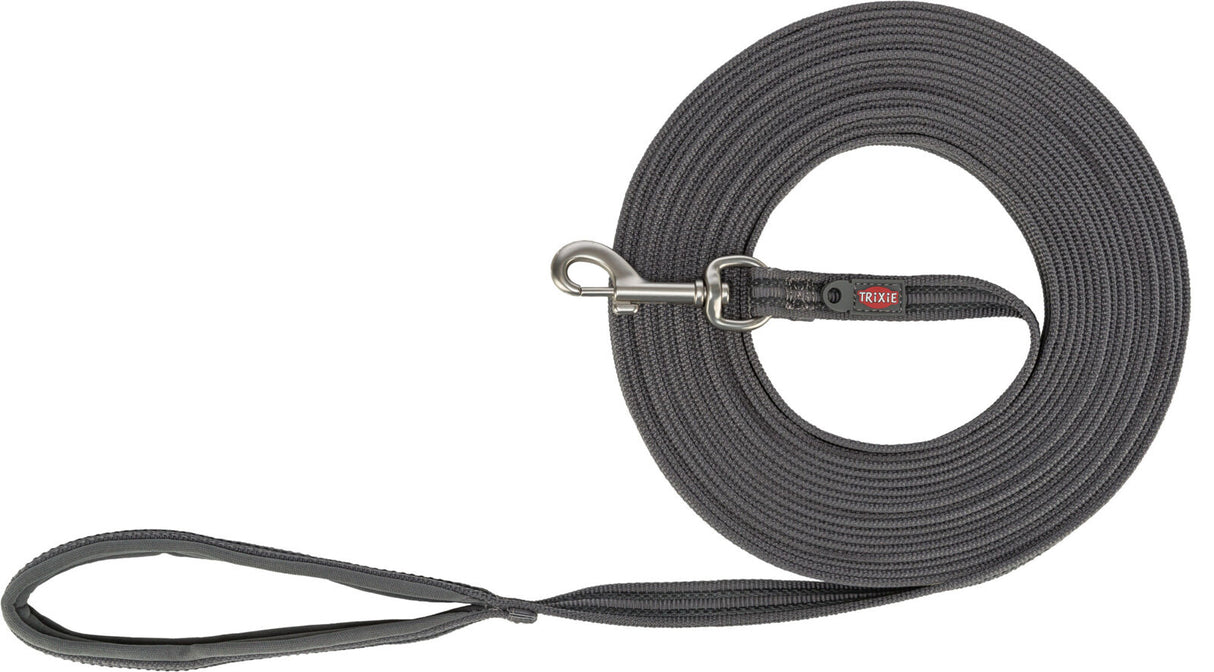 Graue Hundeleine aus geflochtenem Material mit Metallkarabiner und Handschlaufe, Markenname "TRIXIE".
