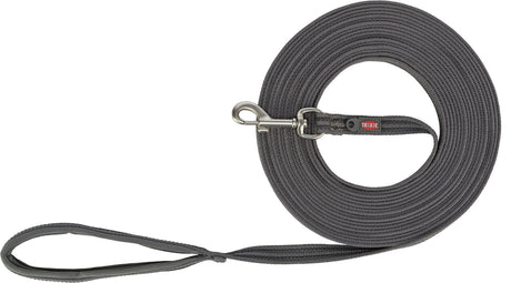 Graue Hundeleine aus geflochtenem Material mit Metallkarabiner und Handschlaufe, Markenname "TRIXIE".