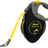 Schwarze Hundeleine mit grauem Griff und gelbem Band, Text "flexi giant S/M 8m 26 ft" auf Vorderseite.