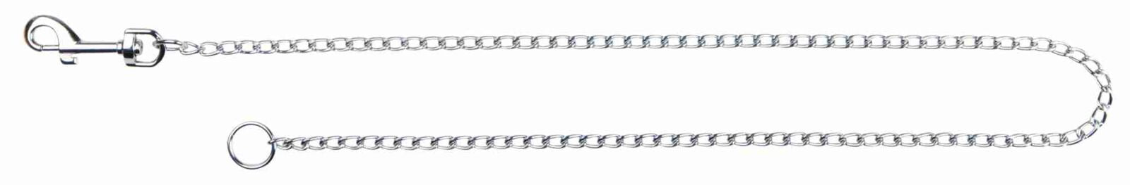 Silberfarbene Metallkette mit einem Karabinerhaken auf der linken und einem Ring auf der rechten Seite.