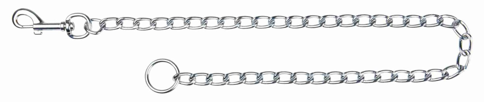 Metallkette aus verchromten Gliedern mit Karabinerhaken an einem Ende und rundem Ring am anderen.