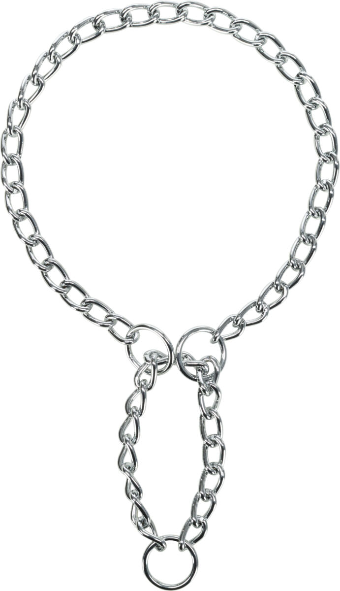 Silberne Metallkette in einer runden Anordnung mit mehreren ineinandergreifenden Gliedern.