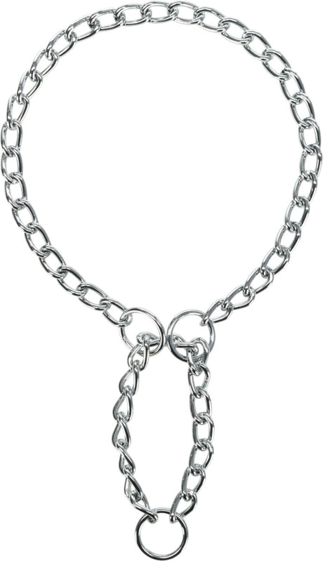 Silberne Metallkette in einer runden Anordnung mit mehreren ineinandergreifenden Gliedern.