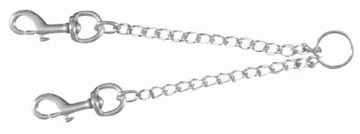 Zwei silberne Metallketten mit Karabinerhaken an beiden Enden und einem runden Ring in der Mitte.