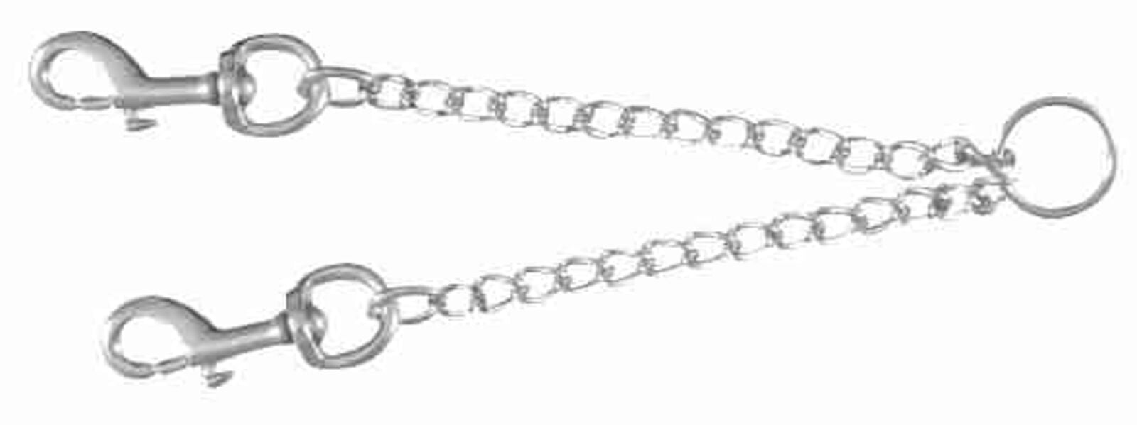 Zwei silberne Metallketten mit Karabinerhaken an beiden Enden und einem runden Ring in der Mitte.