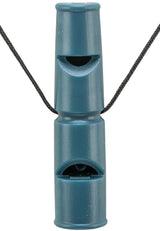 Blaue Doppelpfeife mit zwei Öffnungen und schwarzer Schnur.