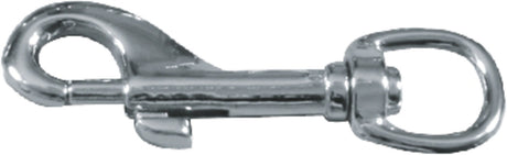 Metallkarabinerhaken in glänzendem Silber, links mit kleinem Hebel, rechts mit rundem Wirbelring.