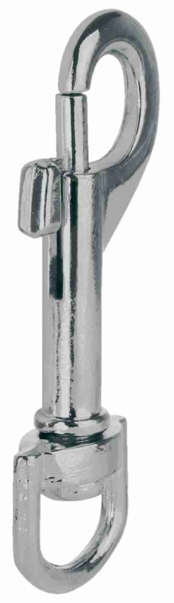 Metallkarabinerhaken mit runder Drehschlaufe, glänzend, silberfarben.