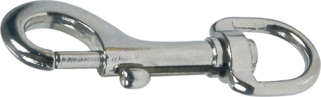 Metallschnappverschluss in silberner Farbe mit einem abgerundeten Karabinerhaken und einem drehbaren Ring.