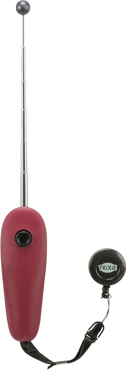 Ein ausziehbarer Target-Stick mit rotem Griff und schwarzem Knopf sowie einer befestigten Trageschlaufe.