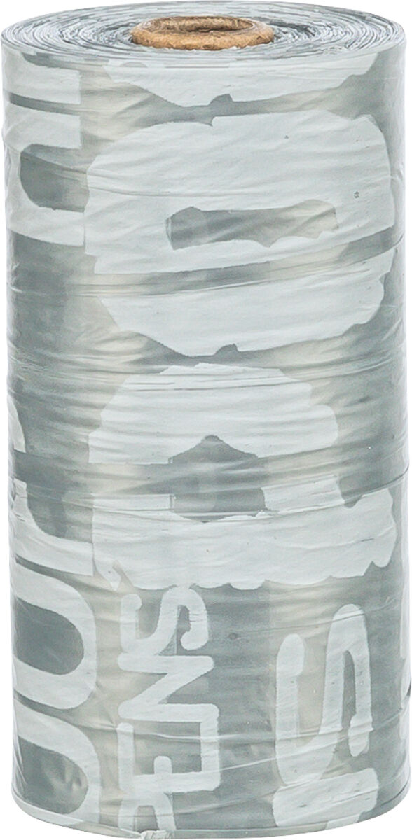 Transparente Plastiktüte mit aufgedrucktem weißen Text in Blockbuchstaben, aufgerollt und von oben sichtbar.