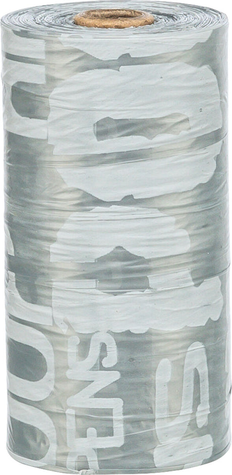 Transparente Plastiktüte mit aufgedrucktem weißen Text in Blockbuchstaben, aufgerollt und von oben sichtbar.