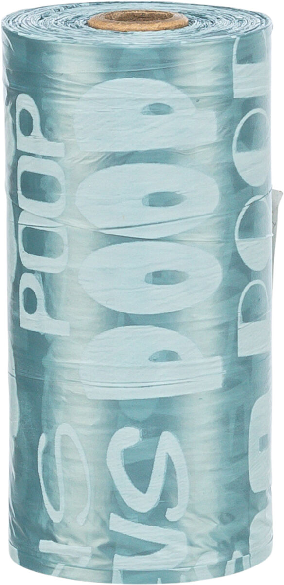 Rolle mit blauen, durchsichtigen Kunststoffbeuteln, bedruckt mit großen weißen Buchstaben.