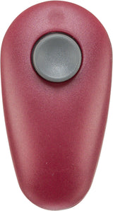 Rotes, ovales Objekt mit einer grauen Taste in der Mitte.
