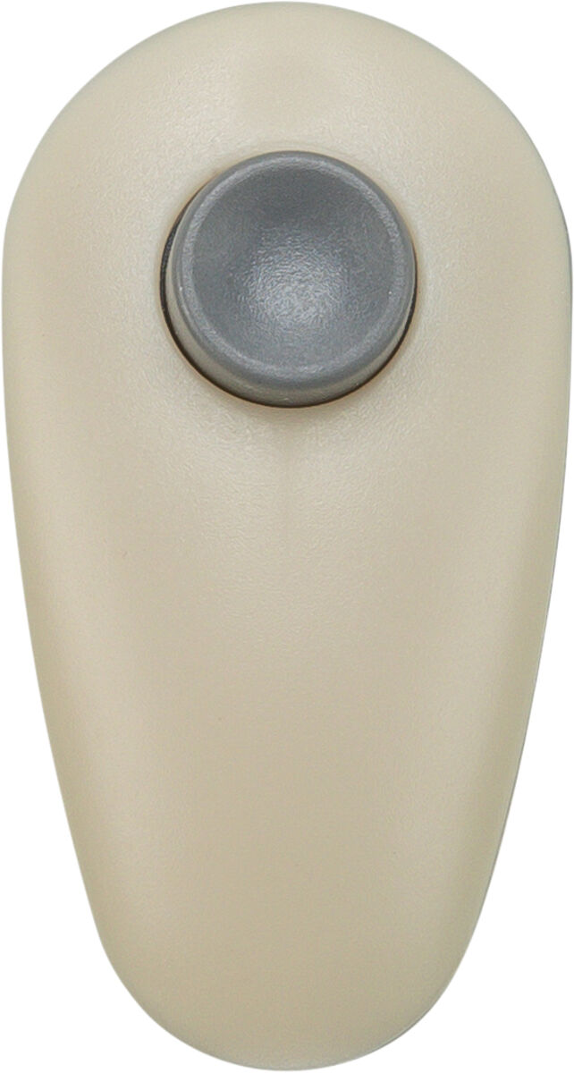 Beigefarbenes, tropfenförmiges Gerät mit zentralem, grauem Knopf.