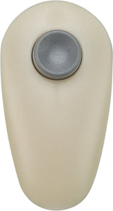 Beigefarbenes, tropfenförmiges Gerät mit zentralem, grauem Knopf.