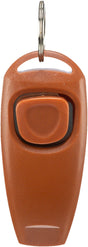 Brauner Klicker mit schwarzem Rand und Metallring oben.