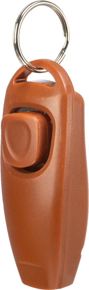 Brauner Klicker mit rundem Metallring und rechteckiger Taste.