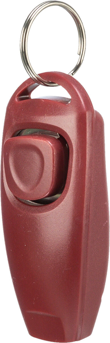 Rot-roter Klicker mit silbernem Schlüsselring, seitlich mit gerundeter Form und großem Knopf in der Mitte.