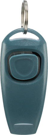 Grauer Clicker mit metallischem Schlüsselring oben und rechteckigem Knopf in der Mitte.