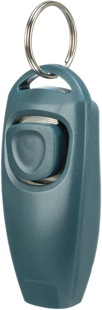 Blauer Klicker mit Metallring, geeignet zum Training, ergonomische Form, matte Oberfläche.