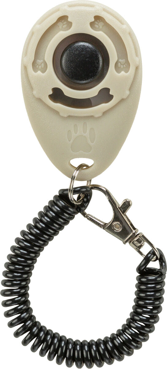 Beiges Clicker-Gerät mit schwarzer Spiralschnur und Metallclip zur Befestigung, Pfotenmuster erkennbar.