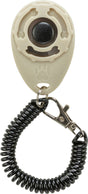 Beiges Clicker-Gerät mit schwarzer Spiralschnur und Metallclip zur Befestigung, Pfotenmuster erkennbar.