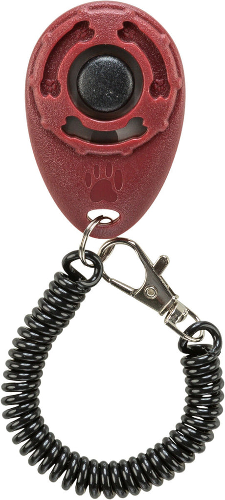 Roter ovaler Hundeklicker mit schwarzem Knopf, Spiralarmband und Karabinerhaken, Pfotenmotiv erkennbar.