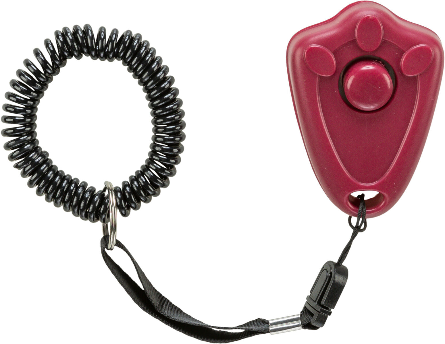Rotes, pfotenförmiges Gerät mit rundem Knopf und schwarzem Spiralarmband, verbunden durch eine Schnur.