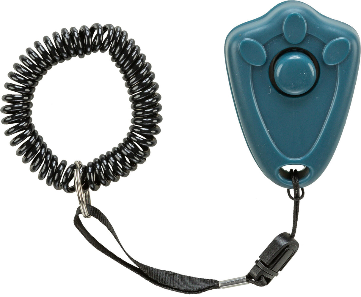 Ein blauer Klicker mit einer elastischen schwarzen Spiralschnur und einem Handgelenkband mit Clip.