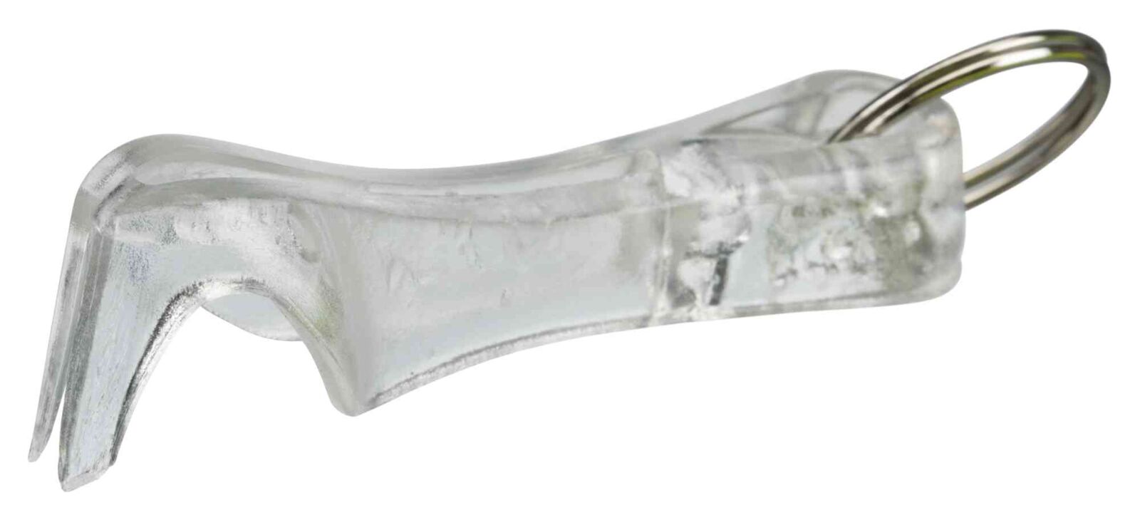 Durchsichtiger Flaschenöffner aus Kunststoff mit eigenartiger Form und einem kleinen Metallring an einem Ende.
