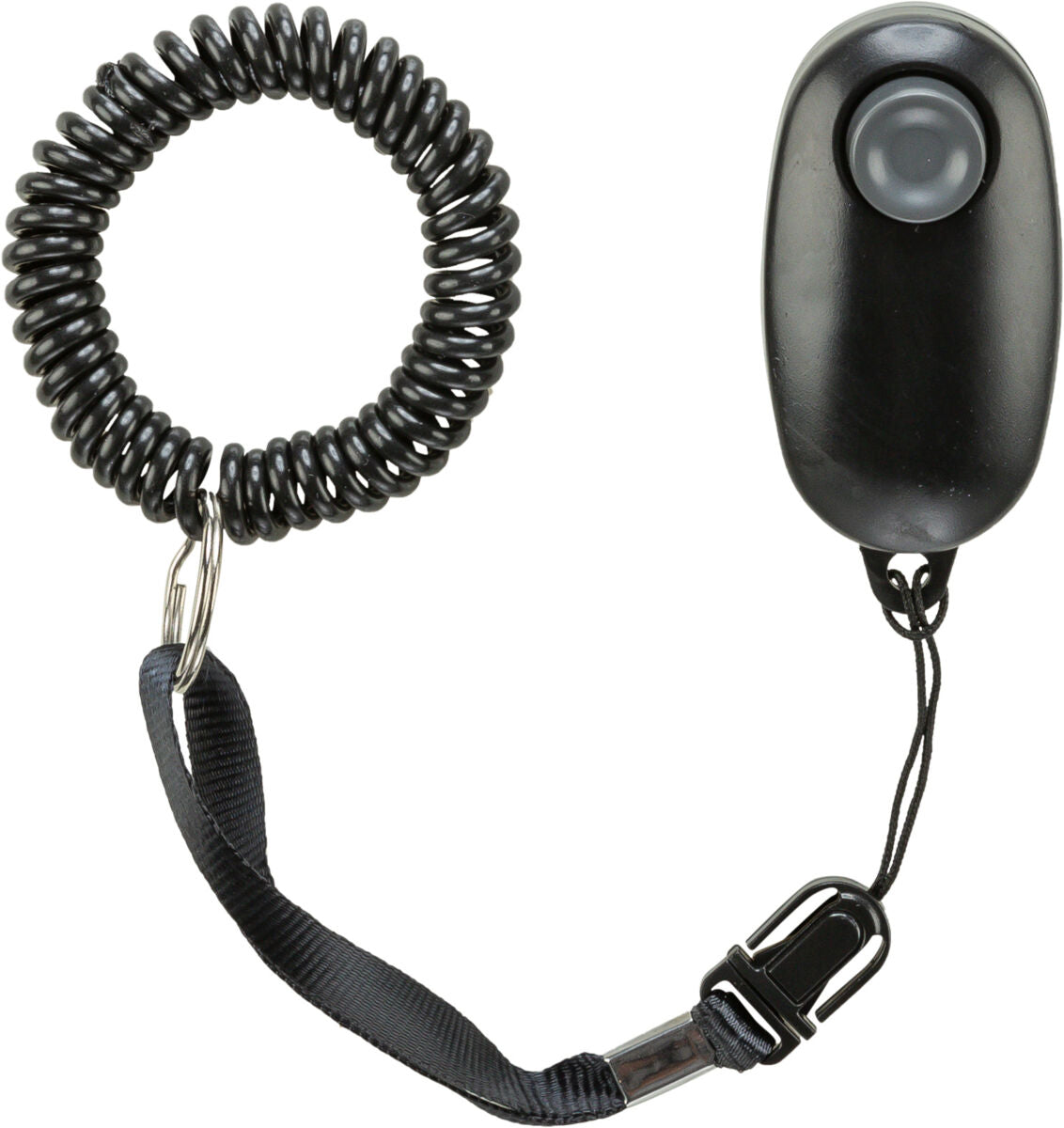 Schwarzes ovales Gerät mit großem Knopf und elastischem Spiralseil, verbunden mit einem Trageband und Karabiner.
