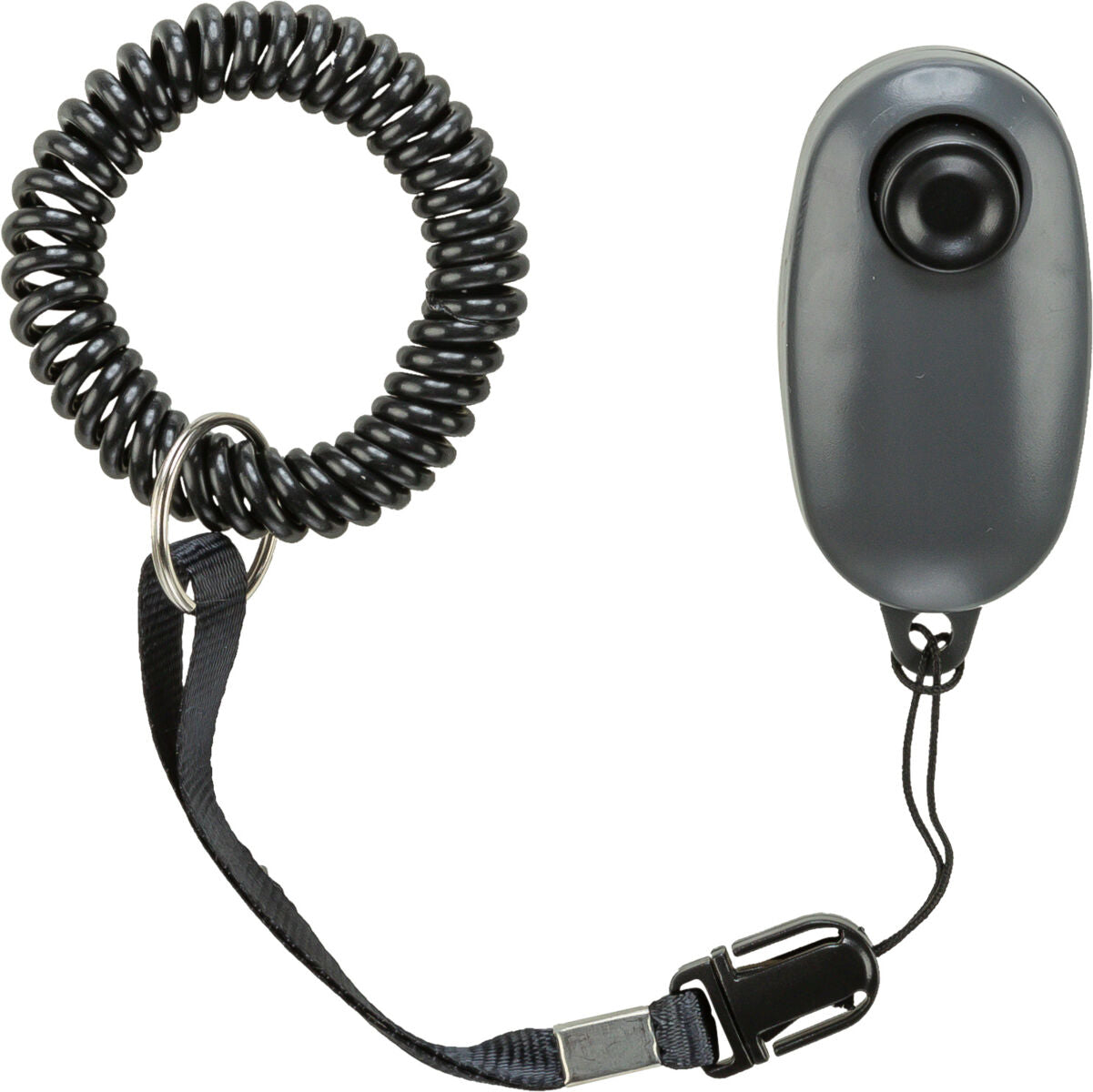 Graues Klickgerät mit spiralförmiger geschwärzter Armhalterung und schwarzem Riemen mit Metallring und Clip.