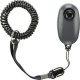 Graues Klickgerät mit spiralförmiger geschwärzter Armhalterung und schwarzem Riemen mit Metallring und Clip.