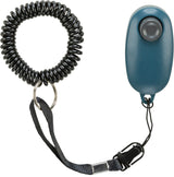 Schwarzer, spiralförmiger Kunststoffgurt mit einem blauen, ovalen Gerät und einem schwarzen Karabinerhaken.