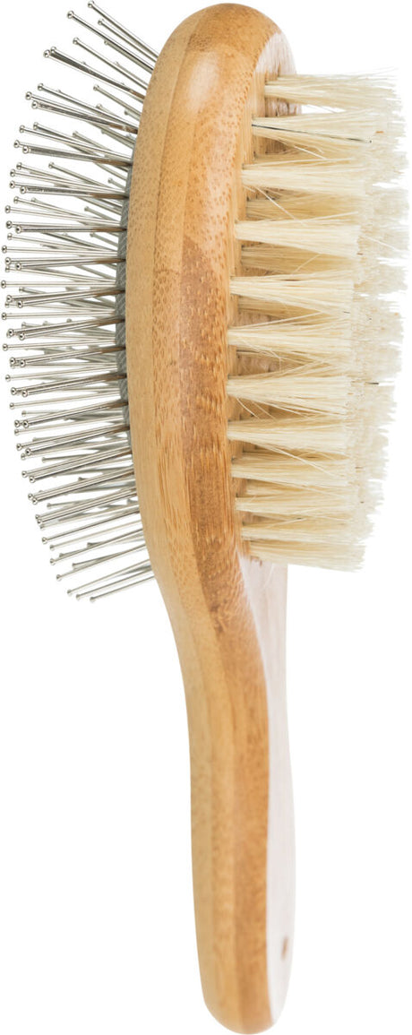 Holzbürste mit Naturborsten und Metallstiften, ergonomischer Griff, zweireihig angeordnet.