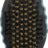 Ovale Bürste mit schwarzen Borsten und goldfarbenen Punkten auf schwarzer Fläche, blauem Rand.