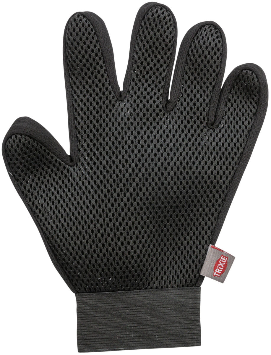 Schwarzer Netz-Handschuh mit fünf Fingern und elastischem Bündchen, rechteckiges Label mit Aufschrift "TRIXIE".