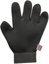 Schwarzer Netz-Handschuh mit fünf Fingern und elastischem Bündchen, rechteckiges Label mit Aufschrift "TRIXIE".